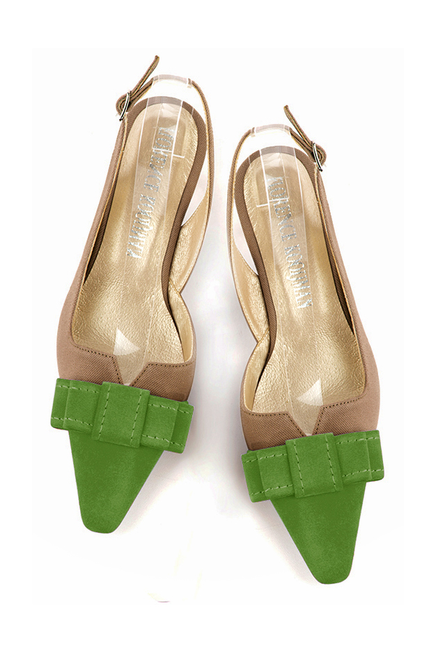 Grass green and tan beige women's open back shoes, with a knot. Tapered toe. Low kitten heels. Top view - Florence KOOIJMAN